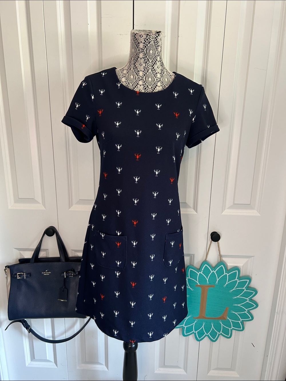 Yumi Navy Blue Lobster 🦞 Print Shift Dress with pockets. XS